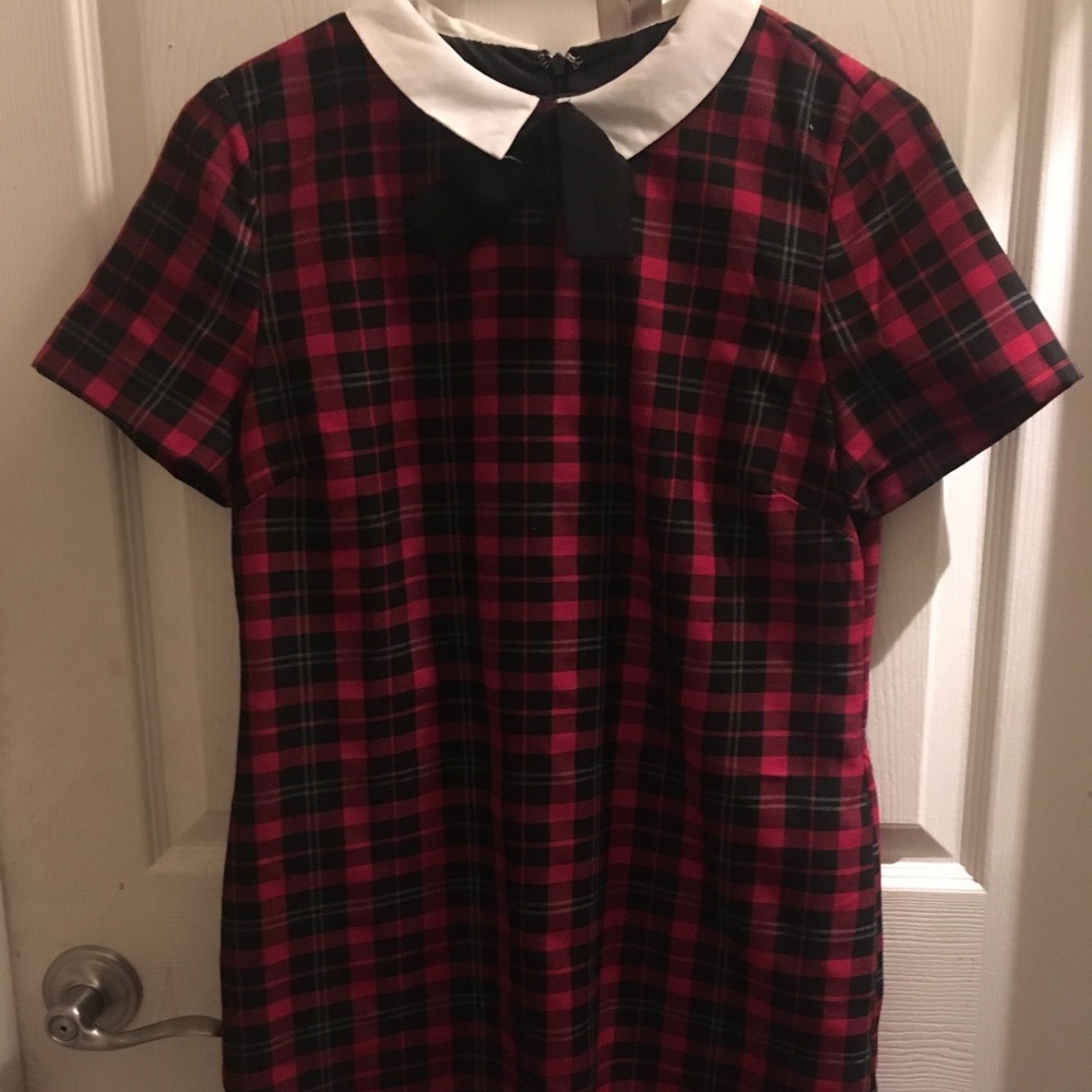 Red plaid Shift Dress with Bow
